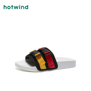 热风 hotwind2019年新款学院风女士时尚休闲拖鞋拼色一字凉鞋H62W9612