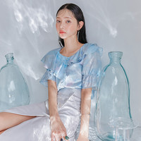 韩都衣舍莫奈蓝2020夏新款仙女上衣荷叶花瓣领蕾丝雪纺衫RJ1023筱