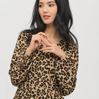 HM 女装衬衣短款豹纹上衣轻熟风长袖V领休闲衬衫设计感 0739974