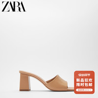 ZARA新款 女鞋 米色高跟粗跟牛皮革凉鞋 12363512098
