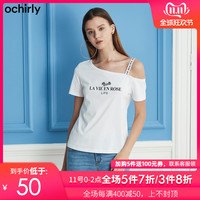欧时力2019夏装纯色字母印花吊带露肩短袖t恤女1GZ2023530