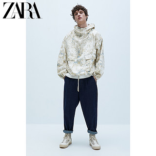 ZARA 新款 男装 抽象印花连帽袋鼠口袋派克外套 02553402711