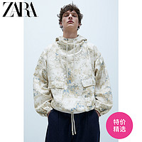 ZARA 新款 男装 抽象印花连帽袋鼠口袋派克外套 02553402711