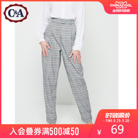 西雅衣家 C&AC＆A复古格子宽松褶饰西装裤女 春季新款高腰阔腿裤CA200214989
