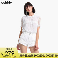ochirly 欧时力2019花边领拼荷叶边短袖白色衬衫女1GY2012240