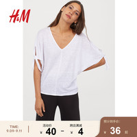 HM 女装至臻品质夏款绑带T恤亚麻宽松上衣薄款短袖白色女 0708471