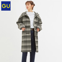 GU极优女装格纹宽松牛角扣大衣2019冬季新款中长款连帽外套320206