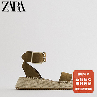 ZARA 新款 女鞋 军绿色脚踝绊带迷你牛皮革坡跟鞋 11319610032