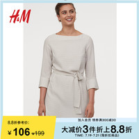 HM 女装气质修身长袖春秋款雪纺腰部绑带连衣裙中长款 0649397