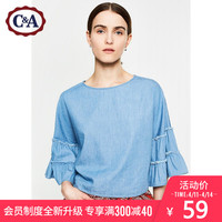 西雅衣家 C&AC&A女式纯棉牛仔布衬衫 夏季毛边荷叶袖衬衣CA200195732