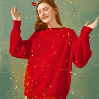 乐町卫衣2020新款女潮ins红色圆领上衣中长款可爱魔术贴卫衣外套