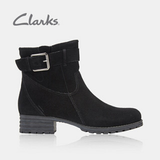 Clarks其乐女鞋冬季低跟粗跟金属扣短靴踝靴Marana Amber 黑色261372364 37
