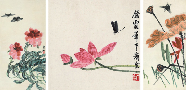 三联挂画中堂壁画荷花国画字画 齐白石 荷气生财 雅致胡桃 宽200*高80cm*3