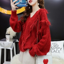 流苏毛衣女套头秋装2020新款时尚百搭韩版宽松慵懒风短款V领上衣