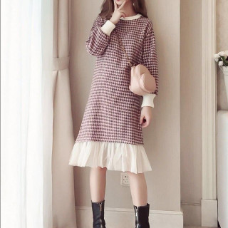 千鸟格毛呢连衣裙女2020秋冬装新款中长款过膝裙子韩式潮流女装冬