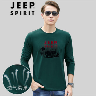 吉普 JEEP 男装2020秋季薄款长袖t恤时尚印花休闲男士体恤打底衫 TX14505003 墨绿 XL