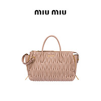 Miu Miu/缪缪粉色羊皮金属LOGO饰时尚女士单肩包手提包