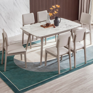 全友家居现代轻奢餐桌椅组合实木边框大理石纹石材台面舒适软包靠背