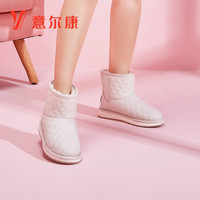 意尔康女鞋一脚蹬雪地靴加绒保暖短筒靴平底舒适面包鞋女 Y763ZM49284W 米白 37