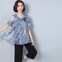 米兰茵（MILANYIN）2019夏季新款大码上衣短袖雪纺衫女宽松碎花飘逸小衫 MLYH663 蓝色 XXXXL