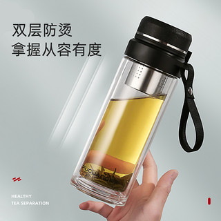 富光大容量双层玻璃杯户外便携带提绳耐热透明玻璃喝茶水杯子