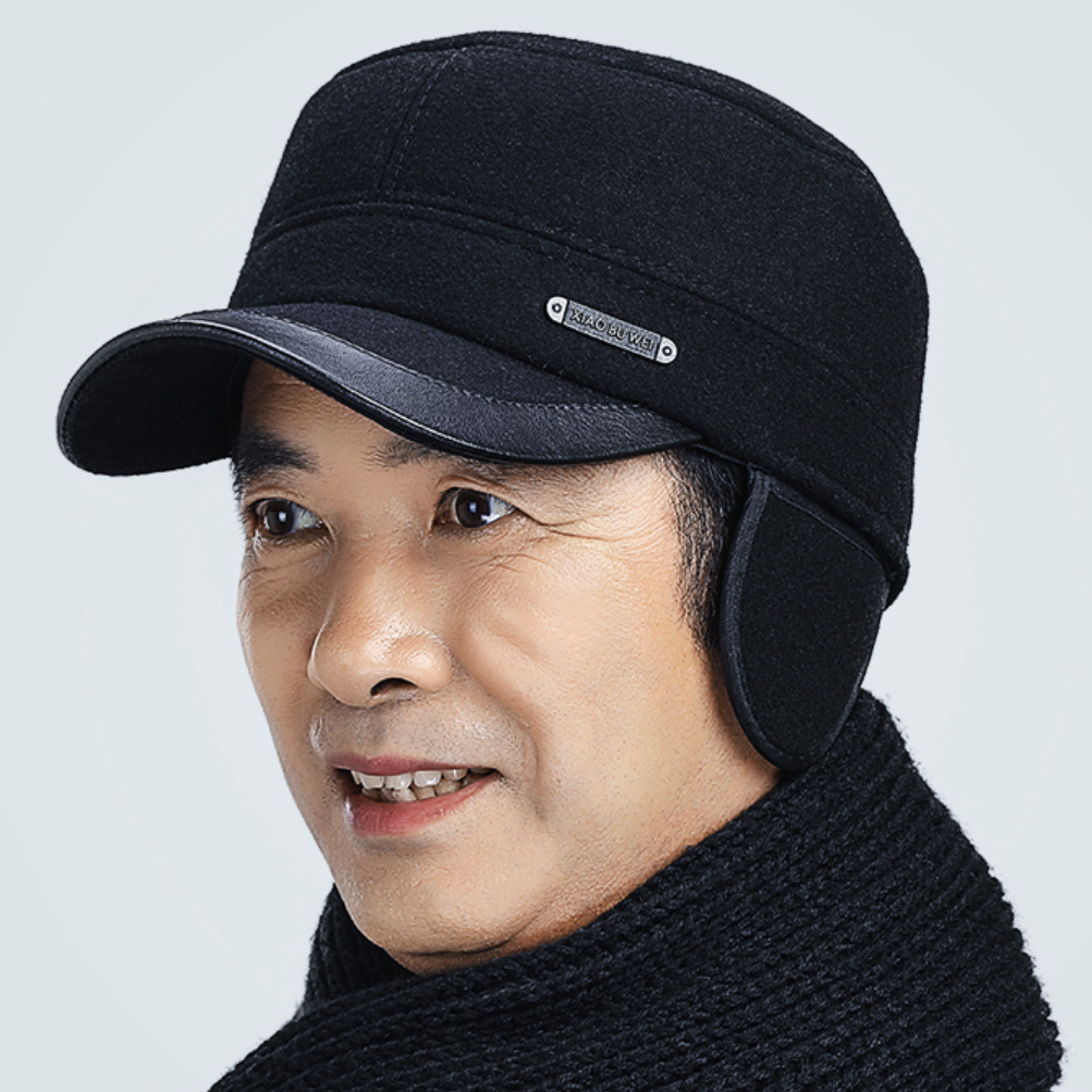 中老年帽秋冬毛呢护耳平顶帽老人帽子