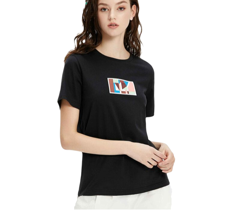 Purcotton 全棉时代 女士纯棉几何印花圆领T恤P3120101152  黑色XL