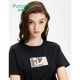 Purcotton 全棉时代 女士纯棉几何印花圆领T恤P3120101152  黑色XL