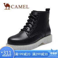 骆驼（CAMEL）女鞋 前卫有型牛皮双缝线圆头系带中跟马丁靴 A040076266 黑色 37