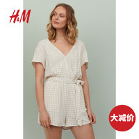 HM 女装裤子女2020夏装新款直筒裤短袖高腰亚麻连身短裤 0885643