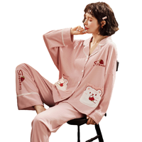 Miiow 猫人 女士印花纯棉长袖翻领家居服套装MR69513 粉色M