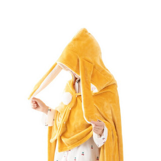 水星家纺 法兰绒毯毛毯毛巾被四季空调毯盖毯办公室午睡毯子 长耳帽法兰绒毯(山杨黄)100×140cm