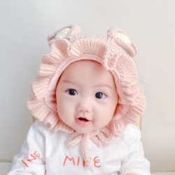 婴儿针织帽女宝宝花边兔耳朵系带冬季新款可爱防风护耳公主帽子萌