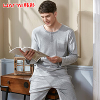 韩彩（HACAI）睡衣男秋冬纯棉长袖薄款圆领男家居服套装 浅麻灰 175/100(XL)