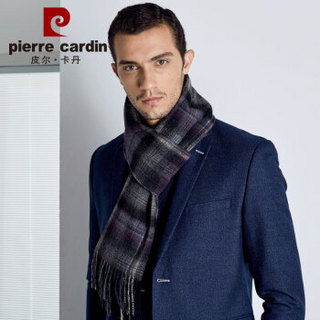 皮尔卡丹（Pierre Cardin）羊绒羊毛围巾男士秋冬加厚款经典格子条纹英伦围脖 B22TM5235 深灰紫