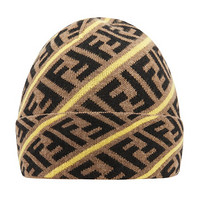 芬迪 FENDI 女士棕色/黑色/黄色羊毛FF图案针织帽 FXQ056 AA11 F19SG