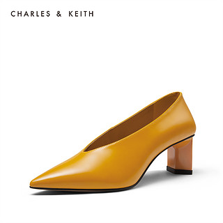 CHARLES & KEITH  女士纯色尖头V口高跟鞋CK1-61680087V 黄色35