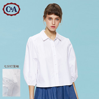 C&A法式灯笼袖衬衣七分袖纯棉白衬衫女2020春新款CA200226454-W0