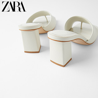 ZARA 新款 女鞋 白色方头高跟粗跟牛皮革时装凉鞋 12810510001