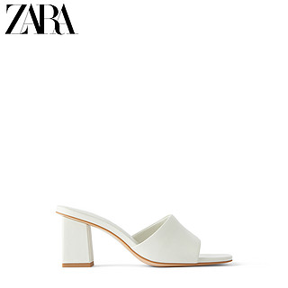 ZARA 新款 女鞋 白色方头高跟粗跟牛皮革时装凉鞋 12810510001