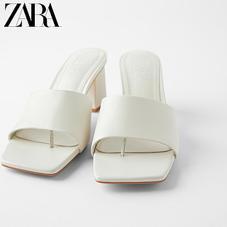 ZARA 新款 女鞋 白色方头高跟粗跟牛皮革时装凉鞋 12810510001