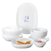 乐美雅白玉玻璃餐具套装家用耐热碗碟盘子泡面汤饭碗露特莎18件套