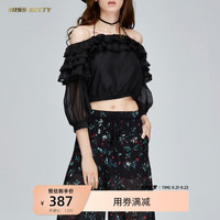 Miss Sixty秋季一字肩荷叶边短款上衣黑色长袖雪纺衬衫女