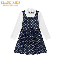 elandkids衣恋童装女童夏季英伦波点拼接连衣裙 120 藏青色