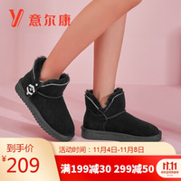 意尔康女鞋加绒厚底棉鞋女保暖女靴休闲短筒雪地靴女 Y763DM28571W 黑色 37