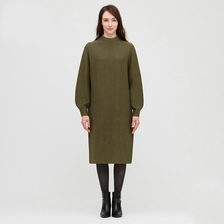 UNIQLO 优衣库 女士纯棉套头圆领灯笼袖中长款连衣裙429449 深橄榄色 S