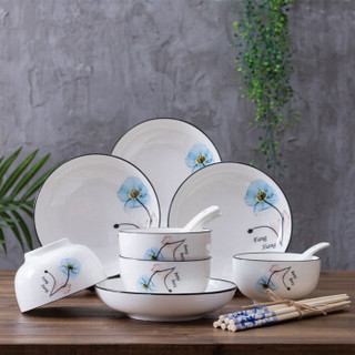 绒花瓷言 16件北欧植物花卉碗盘碟套装 创意陶瓷饭碗面碗汤碗家用菜盘子碗筷餐具 一朵芬芳蓝色 16件套装