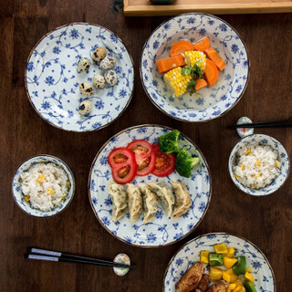 美浓烧 Mino Yaki） 日本原装进口 美浓烧陶瓷碗碟餐具套装 唐草12头套装