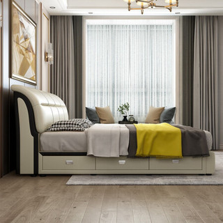 A家家具 皮床现代简约大床榻榻米主卧实木框架婚床双人1.5米1.8米软体床 DA0142米白 1.5米架子床+床垫