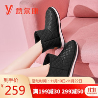 意尔康女鞋一脚蹬雪地靴加绒保暖短筒靴平底舒适面包鞋女 Y763ZM49284W 黑色 35
